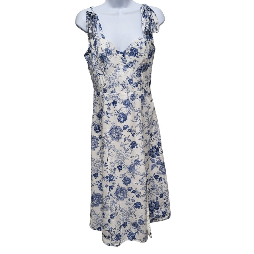 Blue White Toile Floral Midi Dress Sweetheart Tie Shoulder Smocked Back Summer